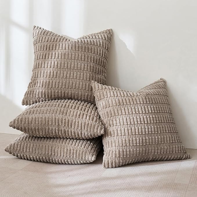 MIULEE Pack of 4 Light Brown Corduroy Decorative Throw Pillow Covers 20x20 Inch Soft Boho Striped Pillow Covers Modern Farmhouse Home Decor for Sofa Living Room Couch Bed