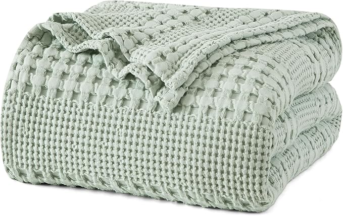 PHF 100% Cotton Waffle Weave Blanket Queen Size for Bed, Soft Lightweight & Breathable for Spring and Summer, All-Season Comfort, Luxury Aesthetic Blanket for Home Decor, 90"x90", Mint Green