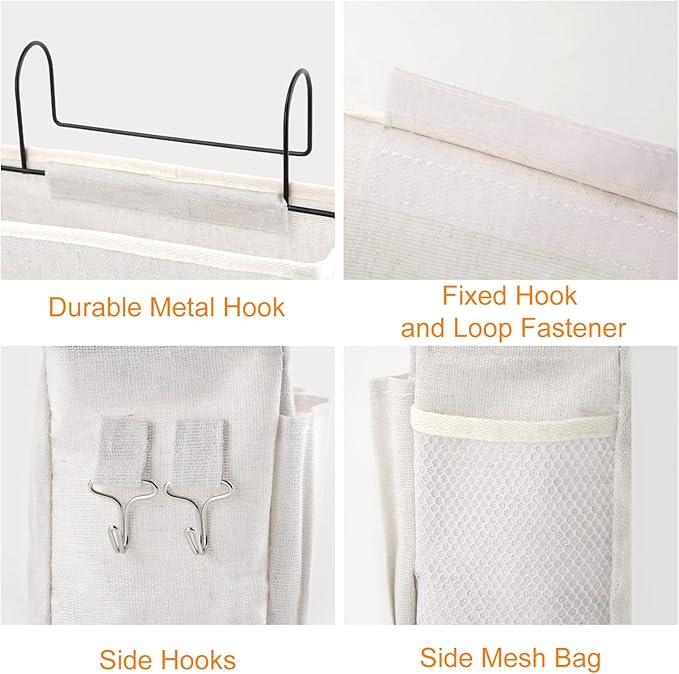 Surblue Bedside Caddy Bedside Storage Bag Hanging Organizer for Bunk, Hospital Beds, Dorm Rooms Bed Rails Camp 4 Pockets and 2 Hooks (White)