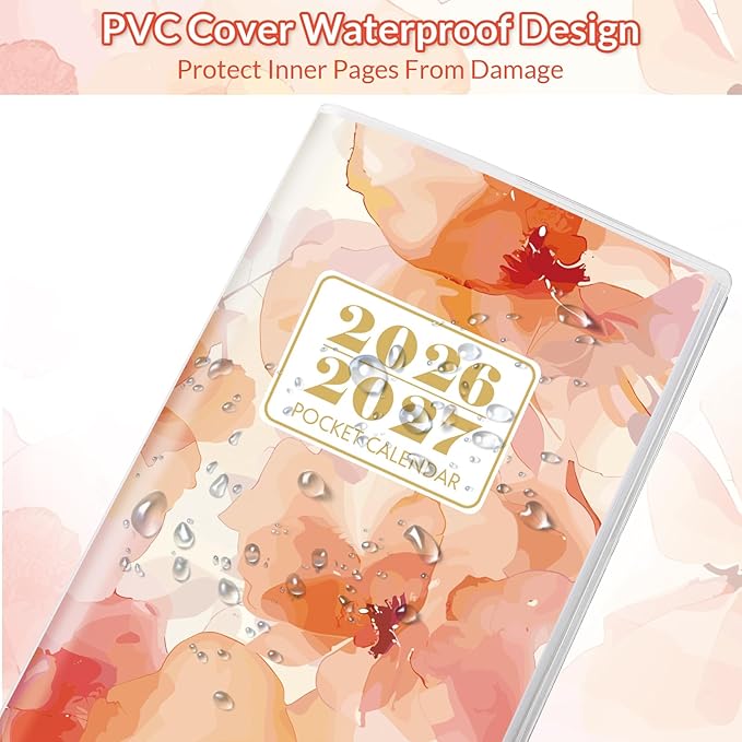 Pocket Calendar 2026-2027, Orange 2026-2027 Monthly Planner - 3.7" x 6.7" - Runs from January 2025 Until December 2027, 2026 Pocket Calendar with PVC Cover for Home, School, Office Supplies