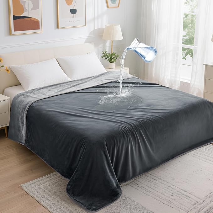 LOOBANI Waterproof Blanket for Bed: Reversible Soft Flannel King Size Bed Blanket 85" x 108", Waterproof Dog Blankets for Large Dogs, Spill-Proof Cover for Furniture Protection, Movie Time, Grey