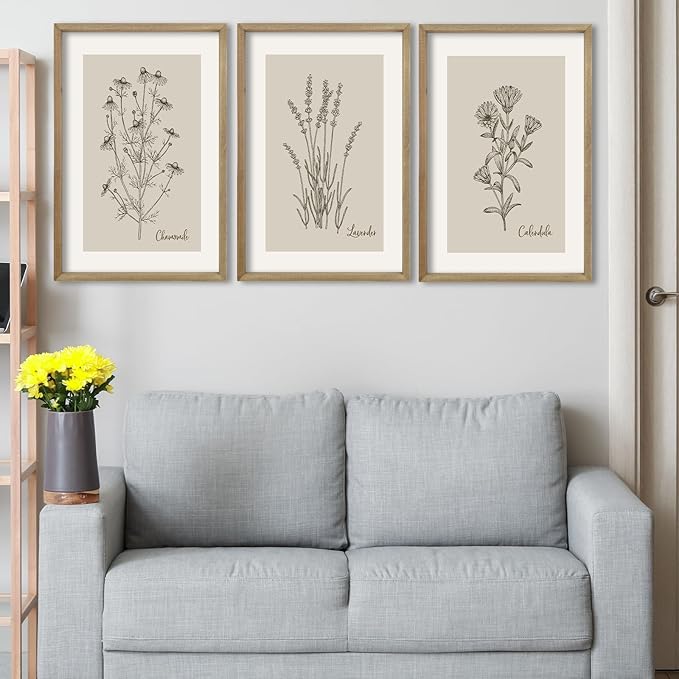 TQianJiang Vintage Botanical Wall Art 16"x11" Set Of 3 Wood Framed Wildflower Pictures Wall Decor for Bedroom Minimalist Wall Hanging (Wood)