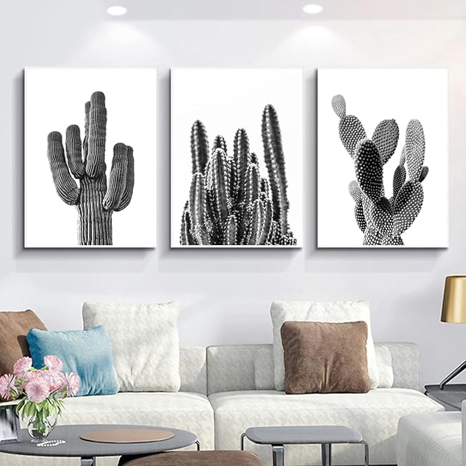 Black And White Cactus Canvas Wall Art Saguaro Cactus Pictures Wall Decor Black And White Artwork Painting Mexican Succulent Poster Prints for Living Room Bedroom Decor 16x24x3 Inch Unframed