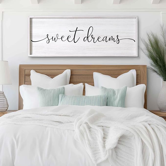 Sweet Dreams Decorative Rustic Sign & Plaque Framed Wall Art for Couples, 40''×15'' Farmhouse Wooden Horizontal Sweet Dreams Wall Decor Above Bed, Vintage Cottagecore Wedding Gift for Living Room