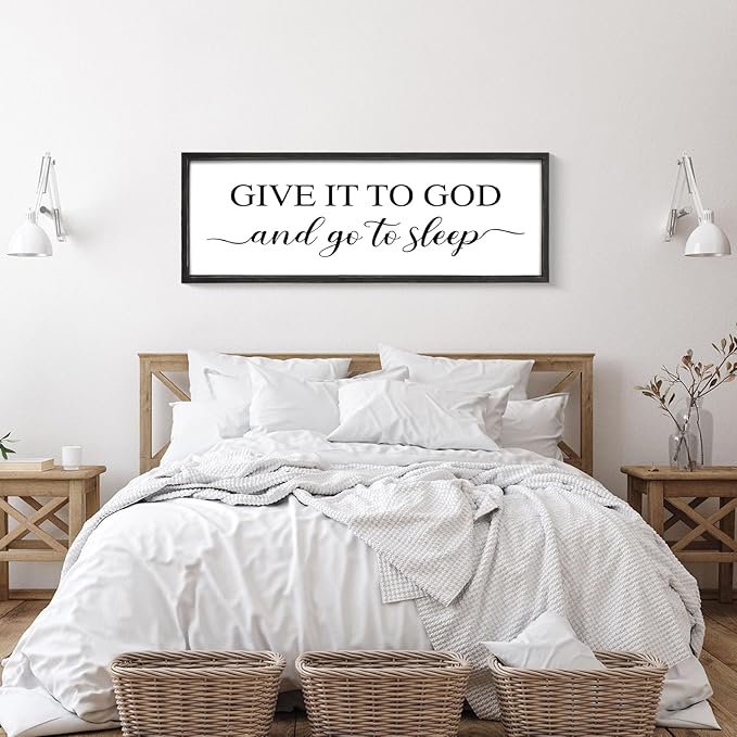 Give It to God and Go to Sleep Sign 42''×15'' Large Above Bed Wall Decor Farmhouse Bedroom Decor Wood Framed Guest Room Decor Wall Art Rustic Master Bedroom Wall Decoration (Black)