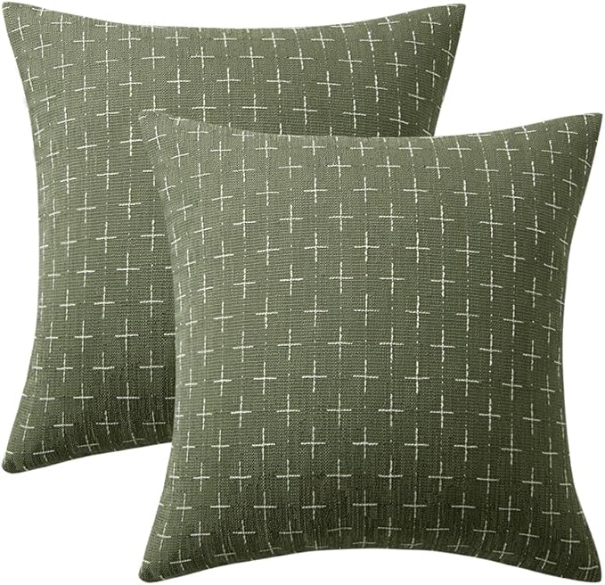 MIULEE Pack of 2 Decorative Vintage Burlap Linen Euro Sham Spring Throw Pillow Covers for Sofa Couch Bed 24x24 Inch Modern Farmhouse Pillowcase Rustic Woven Textured Cushion Cover Olive Green