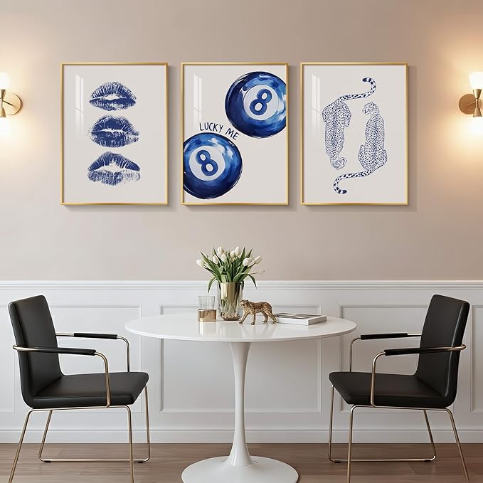 Framed Blue Aesthetic Wall Art for Room Decor, 3 Piece Pop Lip 8 Ball Cheetah Blue Artwork for Walls, Trendy Preppy Canvas Prints for Bedroom Living Room Hallway Apartment Wall Decor, 12x16 Inch