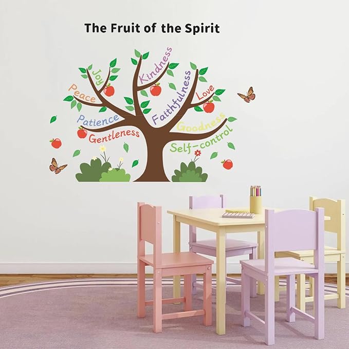 HLNIUC Apple Tree Inspirational Wall Decal (35”x24”)Colorful Inspiring Quotes Wall Sticker The Fruit of the Spirit Art Decal,Motivational Sayings Apple Butterfly Room Sticker for Kids Bedroom,Nursery