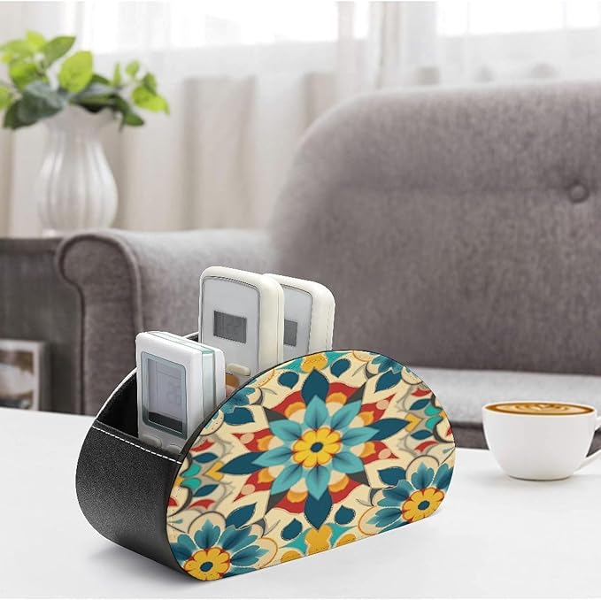 Colorful Arabic Editable File Yellow Remote Control Holder Organizer Box with 5 Compartment PU Leather Bedside Storage Caddy Remote Organizer for Controller Media Player Pen/Pencil Storage