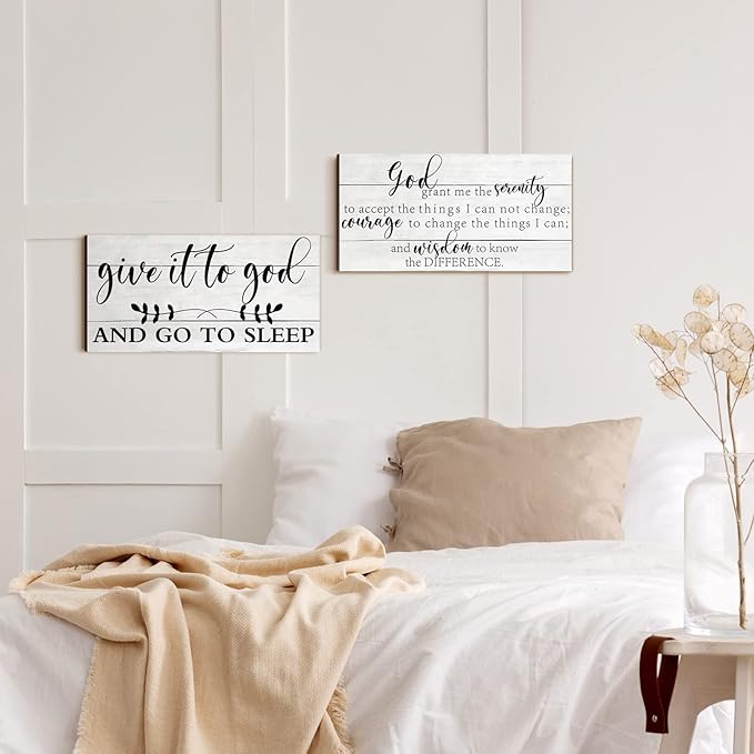 Chunful 2 Pcs Give It to God and Go to Sleep Sign Above Bed Wall Decor Serenity Prayer Sign Prayer Wall Art Rustic Farmhouse Vintage Bedroom Decor for Home(Simple Style)