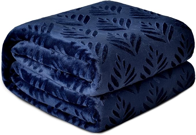 Exclusivo Mezcla King Size Fleece Blanket for Bed, Super Soft and Cozy Blankets All Season Use, Leaves Pattern, Plush Fuzzy Lightweight, Navy Blue, 90x104 Inch