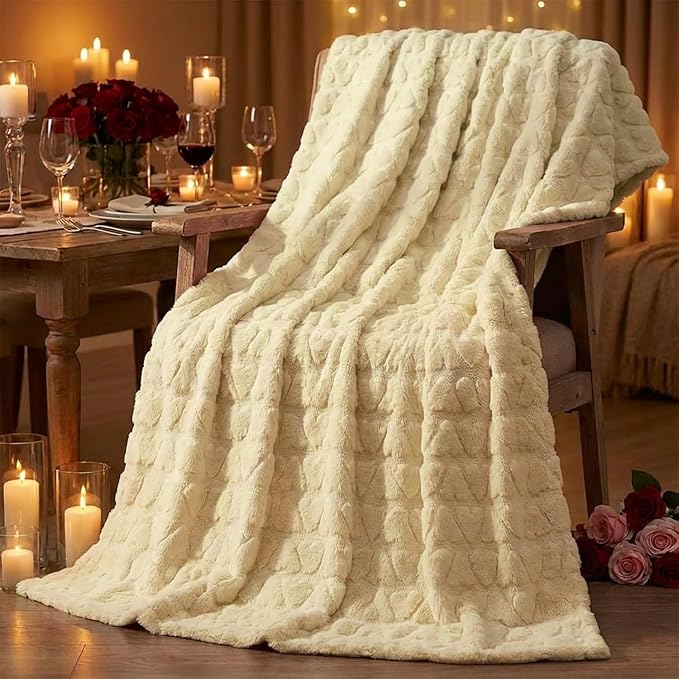 Horaldaily Valentine Blanket Throw, Beige Cute Love Heart Soft Fuzzy Plush Faux Fur Cozy Blankets for Couch Sofa Bed Lounging, Ideal Gifts for Kids Adults Wife Self, 60x80