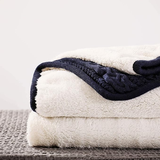 Longhui bedding Acrylic Cable Knit Sherpa Throw Blanket - Thick, Soft, Big, Cozy Navy Knitted Fleece Blankets for Couch, Sofa, Bed - Large 50 x 63 Inches Navy Blue Coverlet All Season