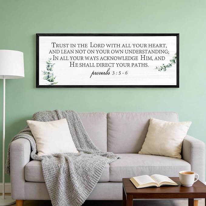 Trust in the Lord with All Your Heart Wall Art: 40"x15" Framed Bible Verse Wooden Sign, Proverbs 3:5–6 Christian Wall Decor, Large Rustic Scripture Home Decor, Black