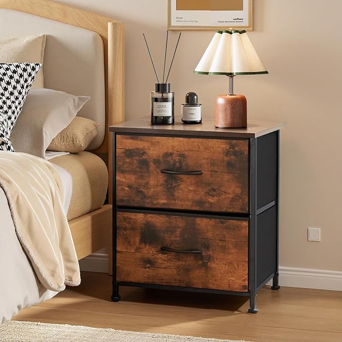 Nightstand Set of 2, Small 2 Drawer Dresser End Table Bedside Furniture, Wooden Top Fabric Bins for Bedroom, Closet, Entryway, Dorm, 11.8" D x 18" W x 20", Brown
