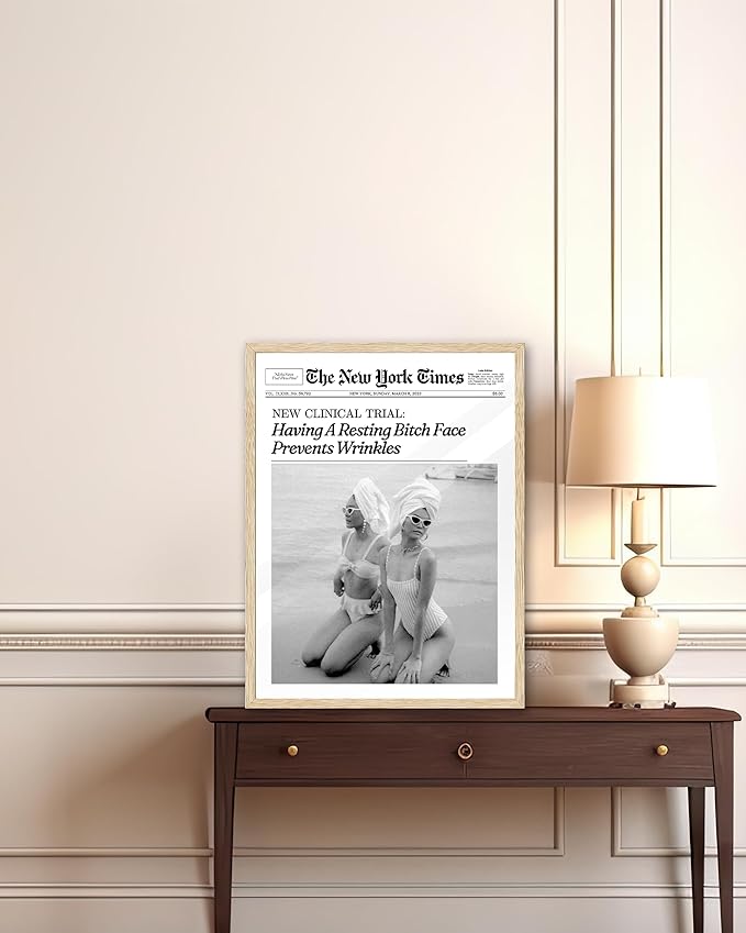 iHery Funny Having A Prevents Wrinkles Framed Trendy Hot Girls NewsPaper Wall Art, Natural OAK Wood 12x16in Canvas Wall Art,Retro Magazine Vintage Bar Cart Living Room Home Décor 1Pack
