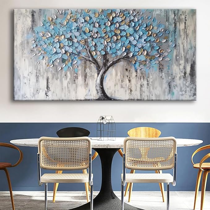 Tree of Life Canvas Wall Art - Abstract Light Blue Artwork for Living Room Bedroom Decor, Modern Framed Tree Painting Ready to Hang, Contemporary Home Wall Decoration 147x73cm (58x28in)