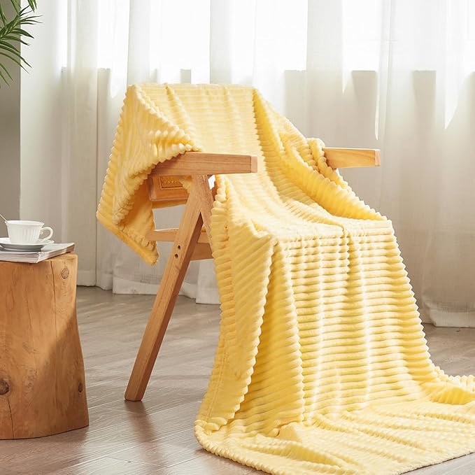 Vessia Flannel Fleece Twin Blanket for Couch,Sofa,Bed, 300GSM Striped 60x80 inch Light Yellow Blanket for Adults and Kids, Super Soft Warm Cozy Lightweight Ribbed Pale Yellow Decor for All-Season