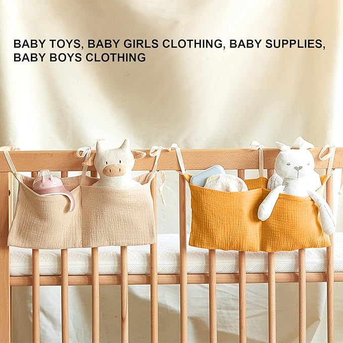 Crib Organizer Hanging for Crib, Linen Baby Bedside Hanging Storage Bag Bedside Caddy Baby Bottle Storage Organizer 2 Pockets Organizer for Baby Cribs and Toys, Turmeric