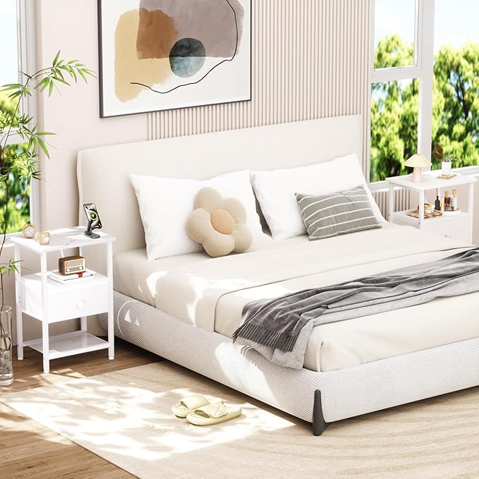 White Nightstand with Charging Station, End Table with Fabric Drawer, Night Stand for Bedroom, Small Bed Side Table with USB Ports and Outlets for Living Room, HETS010WT-1