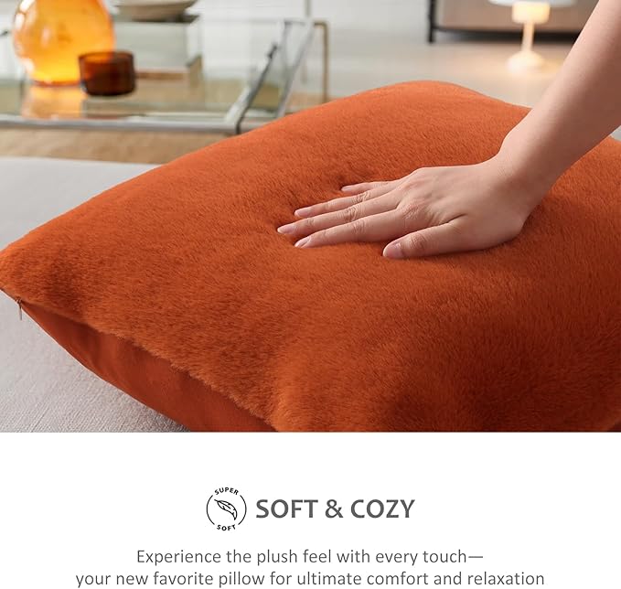 Pallene Faux Fur Plush Throw Pillow Covers 22x22 Set of 2, Soft Fluffy Couch Pillow Covers for Living Room, Rust