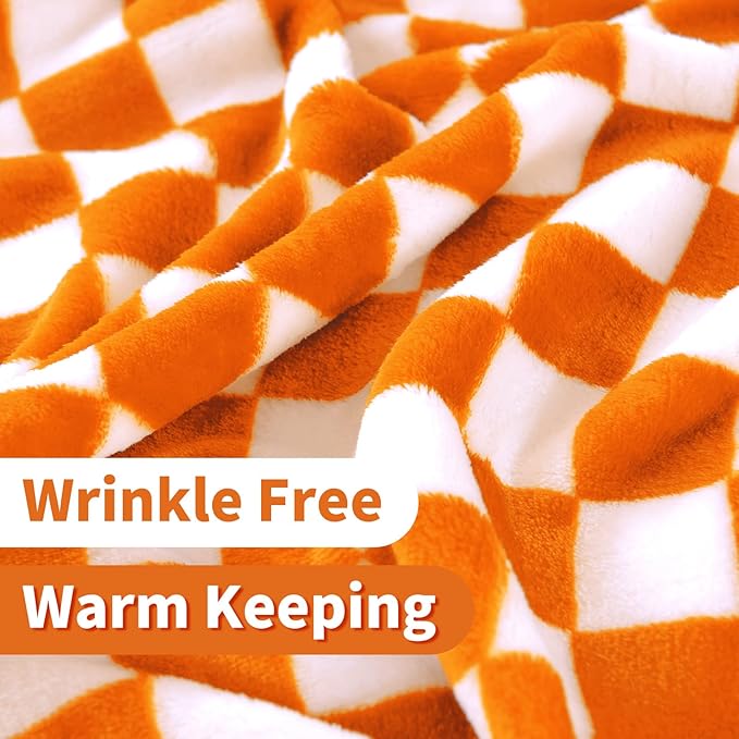 FY FIBER HOUSE Checkered Flannel Fleece Throw Blanket Soft Cozy Checkerboard Grid Print Chessboard Gingham Pattern Blankets for Bed Couch Sofa, 60"x80", Orange