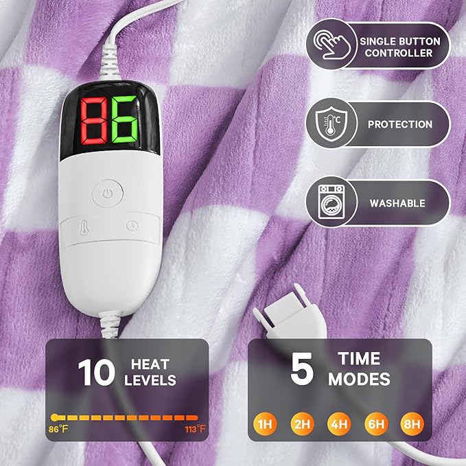 Heated Electric Blanket Throw, 50X60 Heating Blanket with 10 Heat Level & 8 Hours Auto Off for Lap, Light Purple Checkered Plaid Soft Sherpa Blankets for Mom Grandma Women Couch