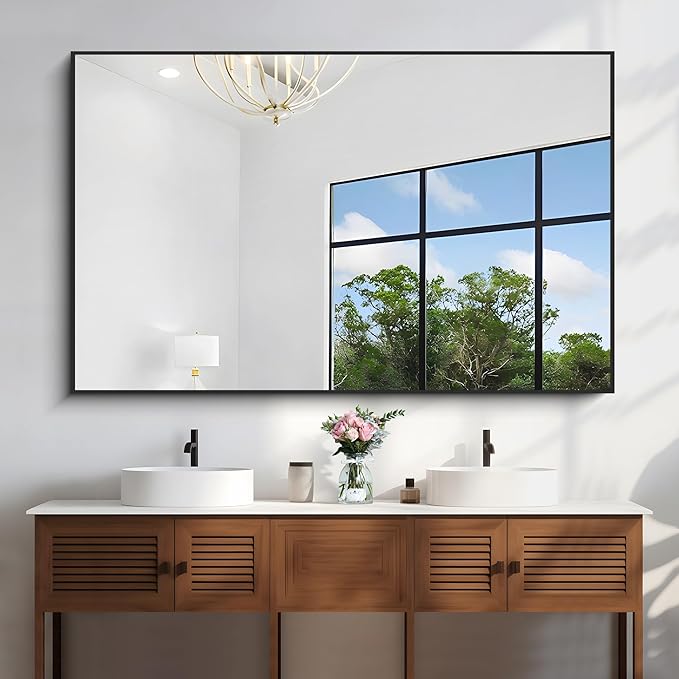 KOCUUY 60x40 Inch Large Black Wall Mounted Mirror,Aluminum Framed Decorative Rectangular Bathroom Mirror for Wall Over Sink,Vanity Mirror for Bedroom Living Room Bathroom,Functional Oversized Mirror