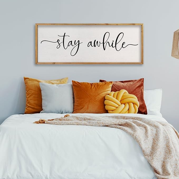 comurdyo Living Room Wall Decor Stay Awhile Sign 32"×12" Lets Stay Family Home Large Vintage Farmhouse Simple Wood Frame for Entryway Hallway Plaque Horizontal Art Hangin (Wood)