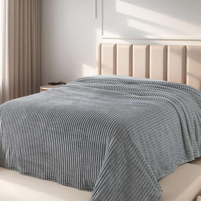 Cuddly Ash Grey Fleece Blanket, Warm and Soft with Striped Pattern for Twin XL Extra Long Bed, 66x90 Inches