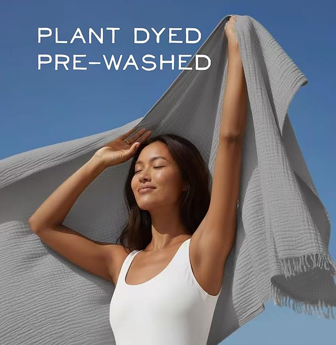 KyraHome 100% Organic Cotton Blanket 90"x90" Queen Muslin Blankets for Adults, Bed, Plant Dyed, Breathable Gauze Bedspread, Coverlet, All Season, Light Grey