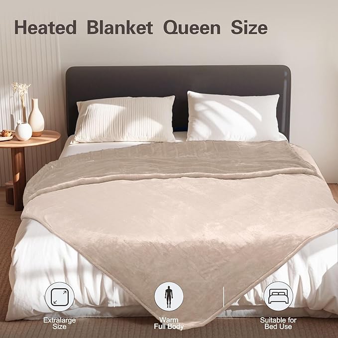 Tefici Electric Heated Blanket Queen Size, Dual Control Super Cozy Soft 2-Layer Flannel 84" x90" Heating Blanket with 3 Heat Levels & 8 Hours Auto Off,ETL&FCC Certified,Home Office Use,Camel