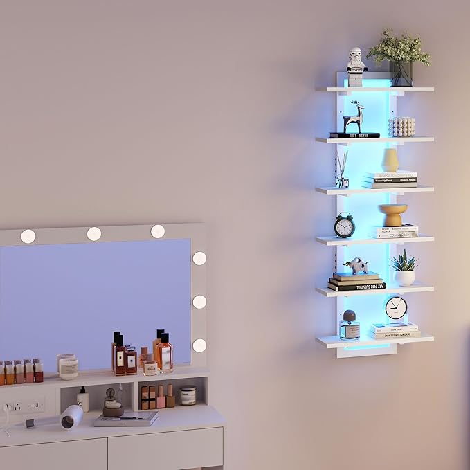 6 Tier Wall Shelf Unit with LED Light, White Floating Shelf, Vertical Display Shelf, Wall Decor for Bedroom, Living Room, Vanity, 15" W x 5.9" D x 43.3" H