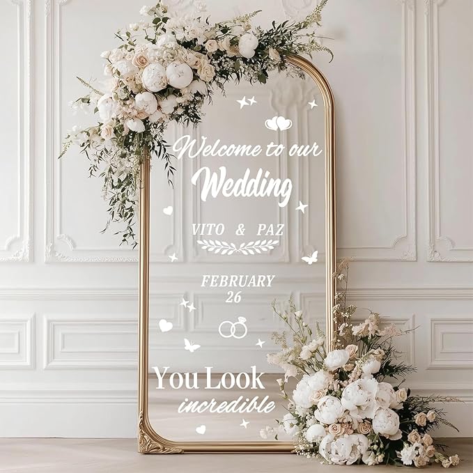 HLNIUC Welcome To Our Wedding Mirror Stickers Double-Sized 2Pcs,DIY Vinyl Lettering Wedding Wall Decal,Bride And Groom Names Decals for Mirrors Window Sign Marriage Decoration(Classic Style,White)