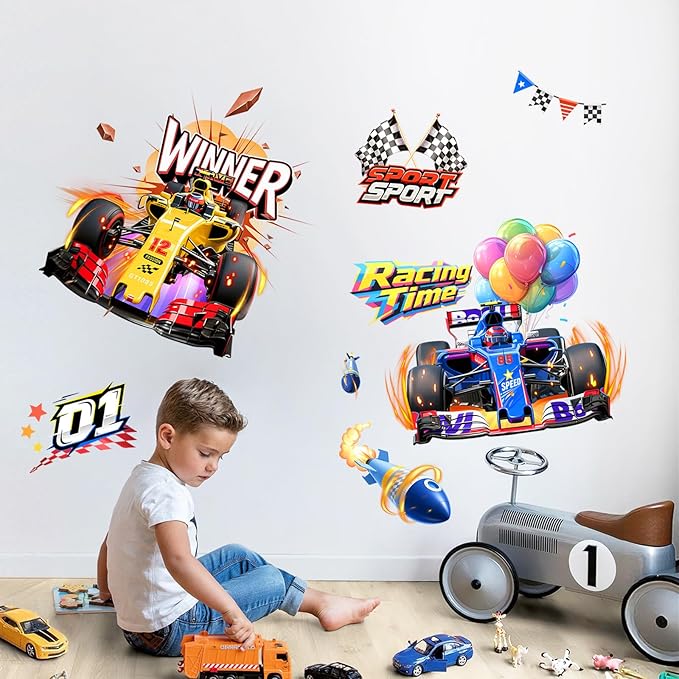 2 Racing Car Wall Decals for Boys Room Decor - Speeding Race Car Wall Stickers for Kids Toddles Teens Bedroom Nursery Playroom Classroom Decor