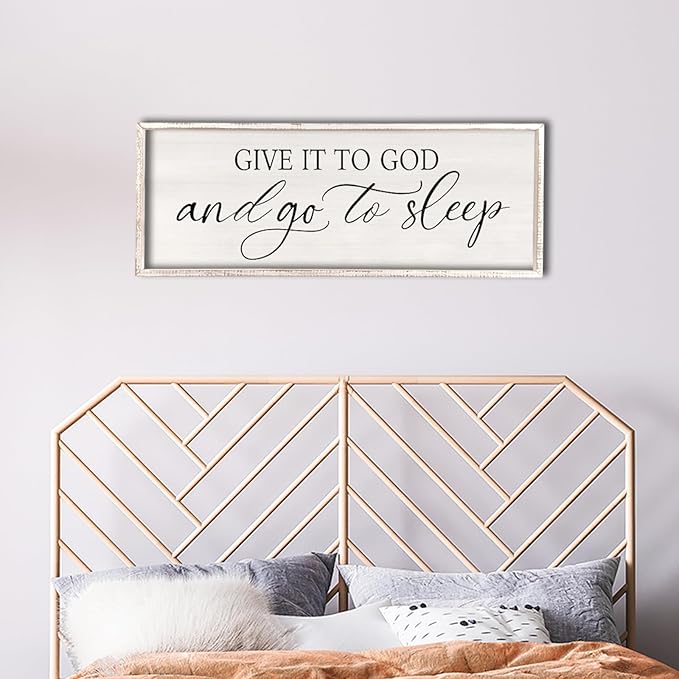 comurdyo Christ Religious Wall Decor Give It To God And Go To Sleep Sign 40"×15" for Christian Prayer Holy Modern Rustic Simple Master Bedroom Above Over Bed Wall Decor Plaque Hanging (White)