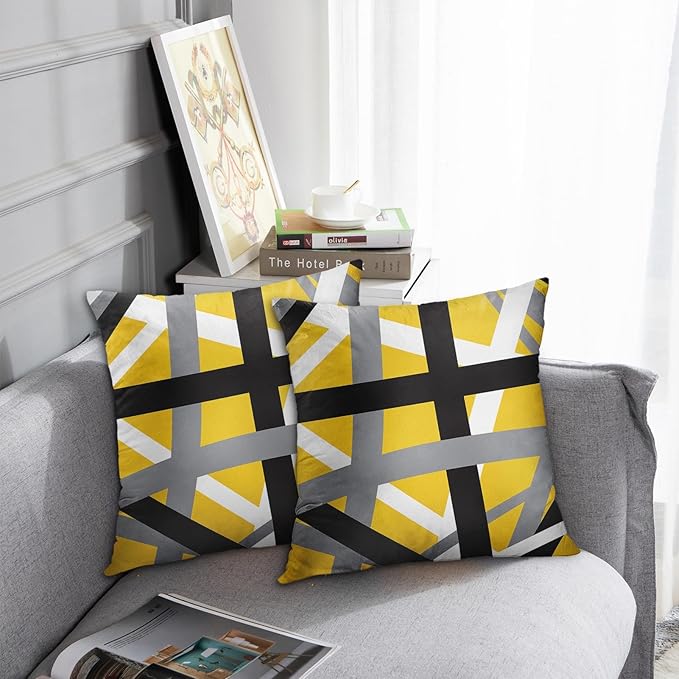 Emvency Set of 2 Throw Pillow Cover Yellow Black Stripes Grey White Design Retro Decorative Pillow Case Striped Home Decor Square 16x16 Inch Cushion Pillowcase