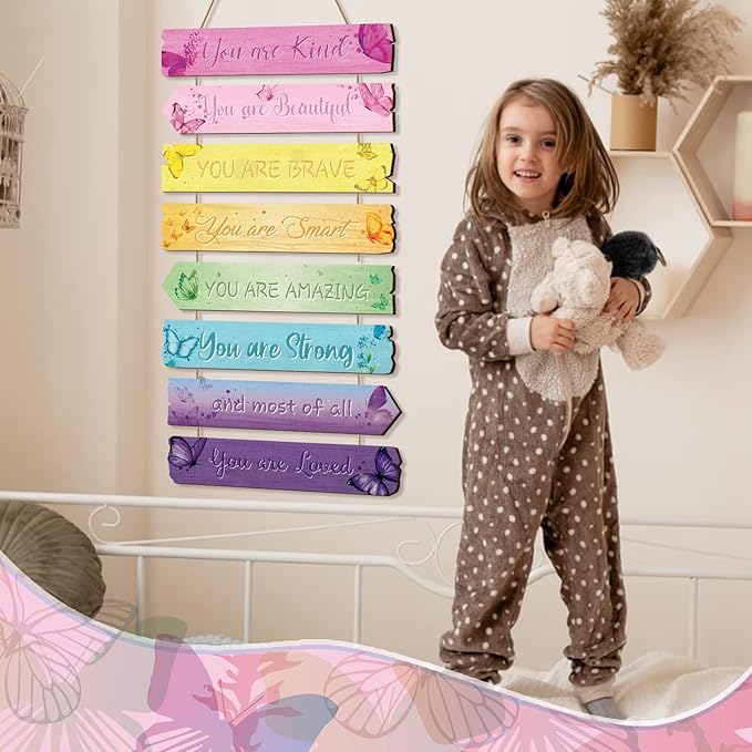 Inspirational Girl Room Decor Aesthetic Art Wall Hanging Sign Inspiring Colorful Rainbow Wooden Decoration for Kids Teens Toddler Boy Baby Bedroom Nursery Dorm Decor, 6-12 Years old (Butterfly)