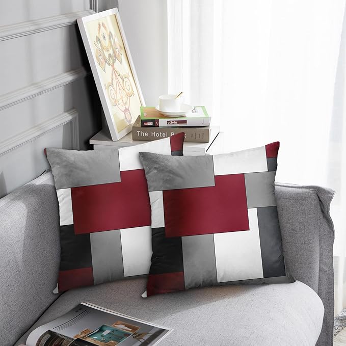 Emvency Set of 2 Burgundy Red Geometric Throw Pillow Cover Black Grey White Painting Abstract Checkered Design Decorative Pillow Case Modern Home Decor Standard Square 18x18 Inch Cushion Pillowcase