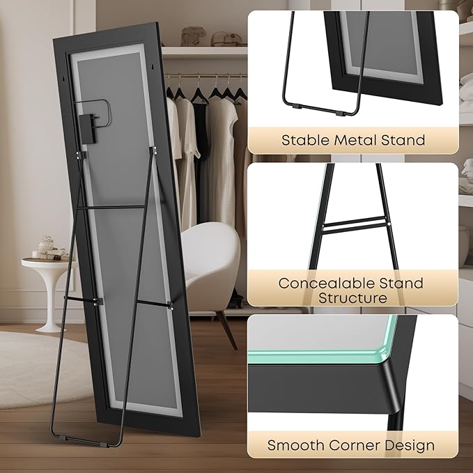 Kosmonia 65x24 Full Length Mirror, Dimmable 3 Color LED Light w/Light Memory, Distortion Free Silver Coating Mirror, HD Reflection &Anti Desilvering,Tempered Glass &Shatter Proof Film Doubles Safety
