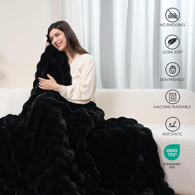 Super Comfort Oversized Warm Thick Bubble Luxury Plush Rabbit Faux Fur Throw Blanket, Fluffy Blanket,Soft Cozy Blanket for Couch Chair Bed Sofa Living Room (Black, 50inX60in)