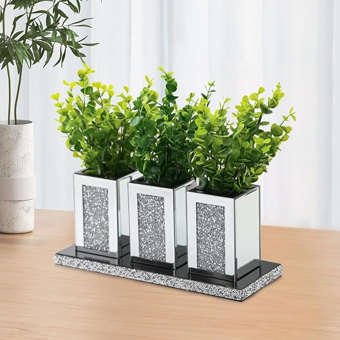Pibeyer Crystal Crush Diamond Jar Table Centerpiece Decorations for Dining Room, Coffee Table Decor Wooden Tray with 3 Mirrored Jars Artificial Plants for Kitchen, Living Room, Home Décor