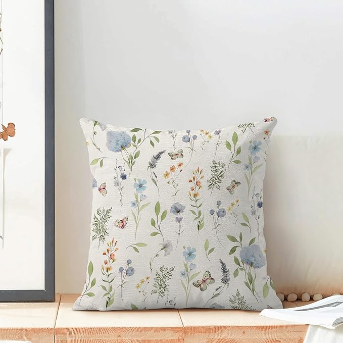 Spring Pillow Covers 18x18 Inch Set of 2, Sage Green Blue Wild Flower Throw Pillows Case,Colorful Seasonal Floral Plant Outdoor Decorative Farmhouse Decor Cushion Covers for Home Sofa Bed Couch