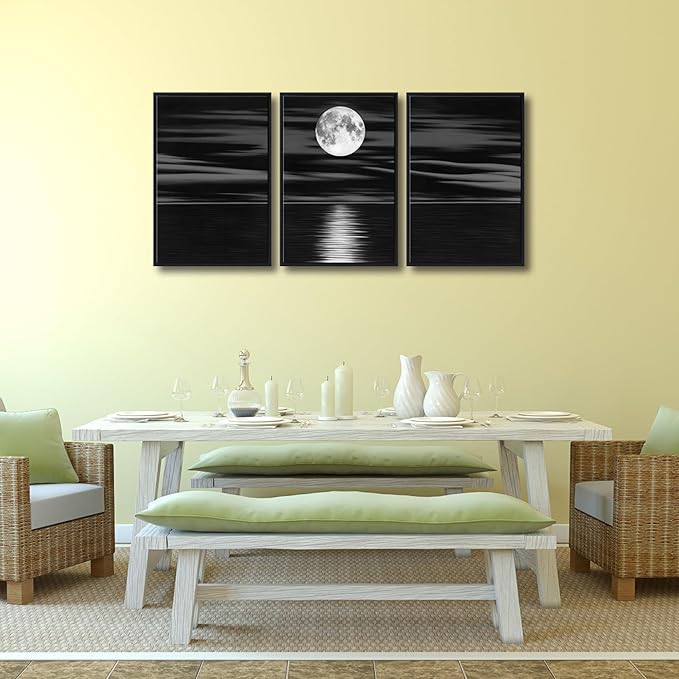 Wieco Art Framed 3 Panel Sea White Full Moon in Night Canvas Print Wall Art Black and White Ocean Beach for Living Room Bedroom Kitchen Home Decorations Modern Abstract Artwork