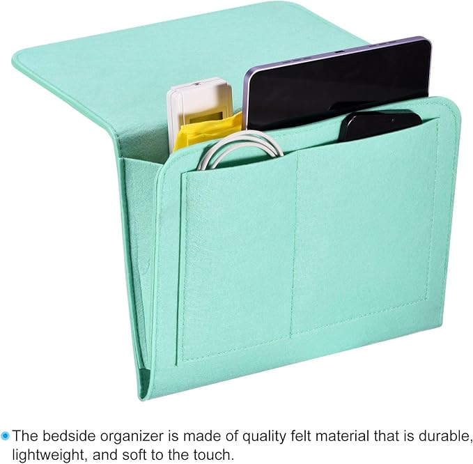 PATIKIL 11in Bedside Caddy, Bed Caddy Bedside Organizer Hanging Soft Felt 5 Pockets Bed Pockets Bedside Storage Organizer Remote Control Holder for Bedroom Phones Glasses, Green