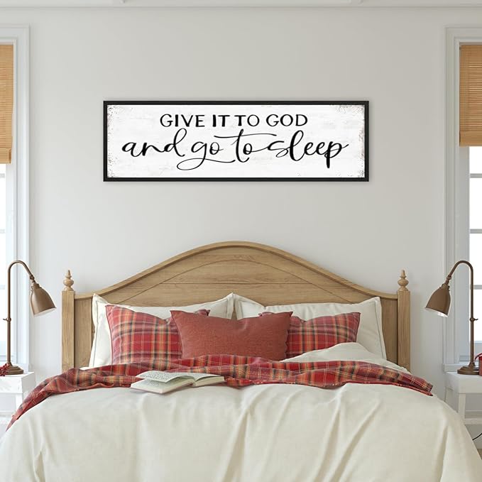 Give It to God and Go to Sleep Sign Wall Art - Bedroom Signs Wall Decor Above Bed - Farmhouse Guest Room Decor - Master Bedroom Decoration 12 × 40 Large Black Framed Hanging