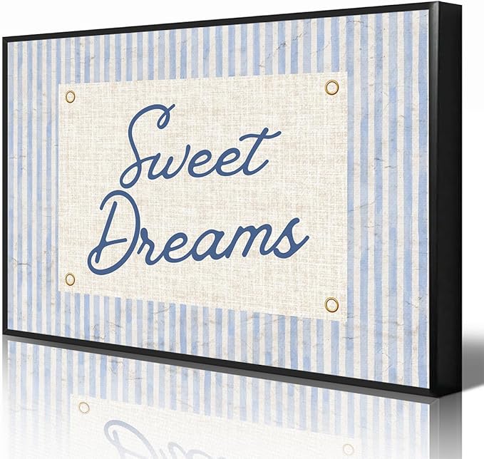 Sweet Dreams Canvas Wall Art, Navy Blue Stripes Positive Quote Poster, Sweety Daily Reminder Above Bed Wall Decor, Modern Inspiring Uplifting Typography Print for Bedroom 12x16in Framed