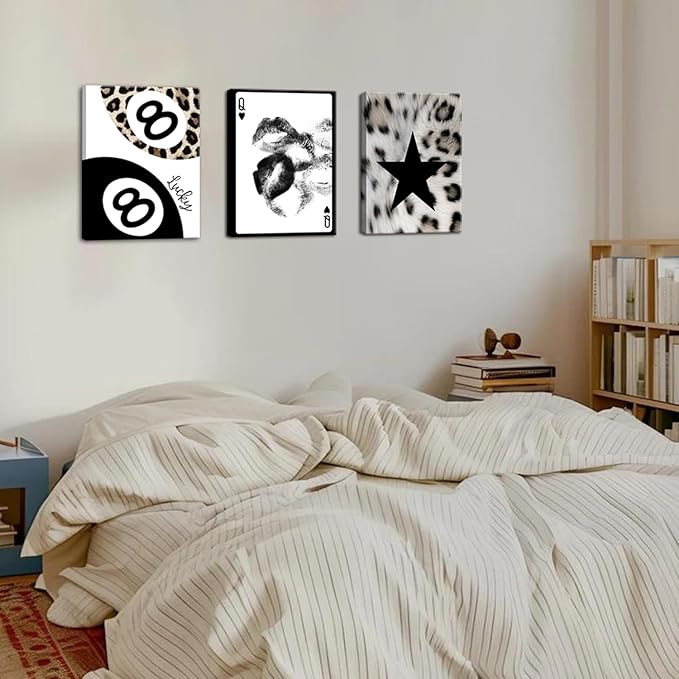 Trendy Leopard Wall Art Set of 3, Black and White Cheetah Wall Decor Paintings, Lips Star Lucky 8 Ball Poster Canvas Prints for Bedroom Living Room 16x24 inch Framed