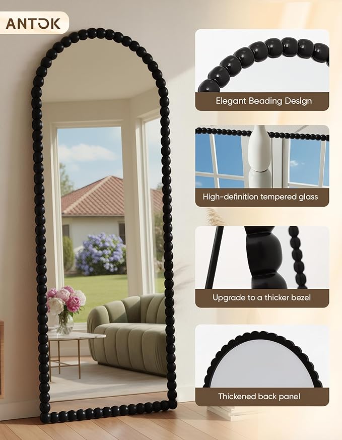 Antok 71" x 28" Arched Full Length Mirror, Antique Beaded Frame Floor Standing or Wall Mounted Mirror with Stand for Bedroom, Entryway, Black, Luxury Style