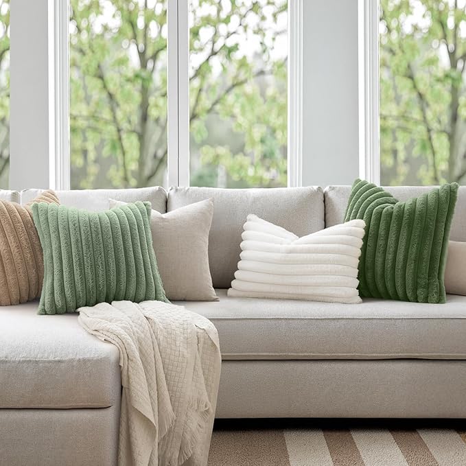 MIULEE Faux Fur Decorative Throw Pillow Covers 18x18 Inch Set of 2, Modern Spring Home Decor Soft Plush Couch Pillows Cozy Fluffy Cushion Covers for Sofa Bed Moss Green
